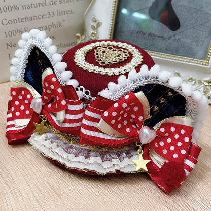 レースの帽子耳、蝶結びの星、ミニディテール、猫のトリム、赤青のチャーム