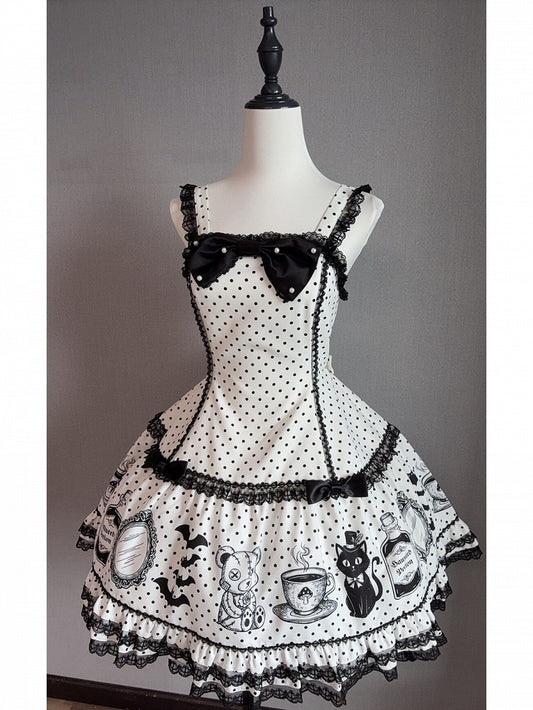 Polka Dot Bow JSK Dress with Cat and Coffee Print - Undaily D.Studio