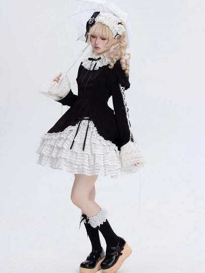 Black and White Ruff Collar Old School Lolita Long Sleeves Dress