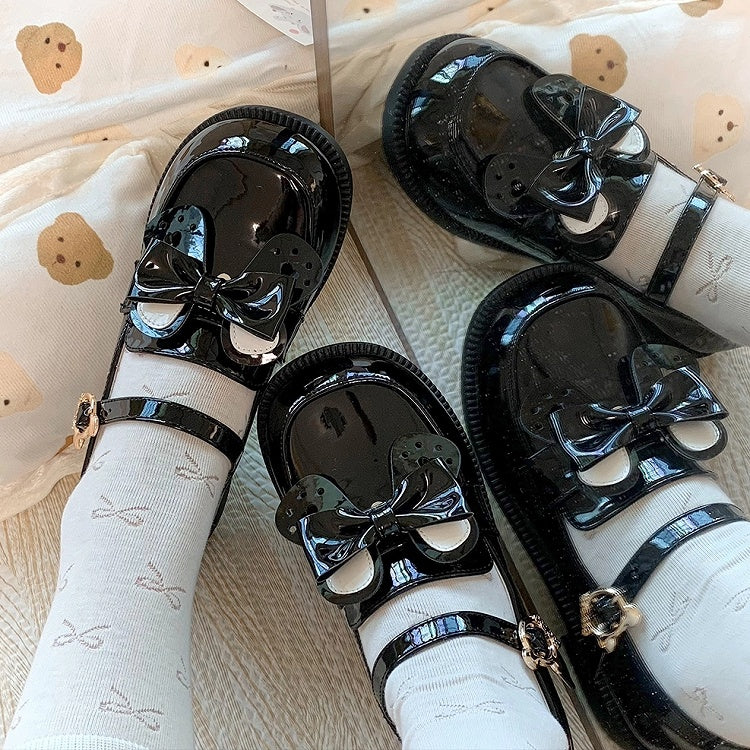 Bear PU Ear Detachable JK - Buckle with Academic Polished Style Shoes Low Bow Heel Black