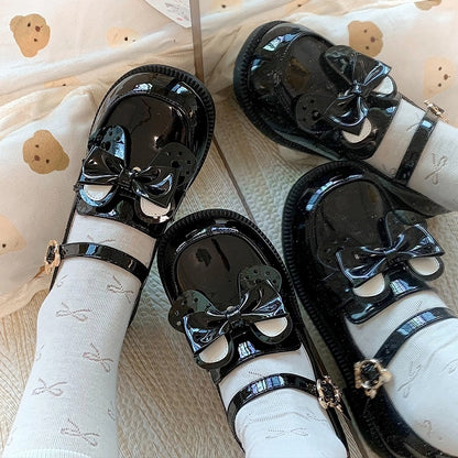 Bear PU Ear Detachable JK - Buckle with Academic Polished Style Shoes Low Bow Heel Black