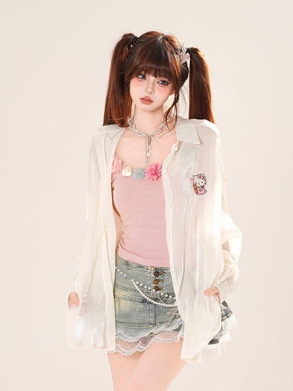 ハートピンク/アプリコットサンプロテクションシャツ フリルバックリボンディテール