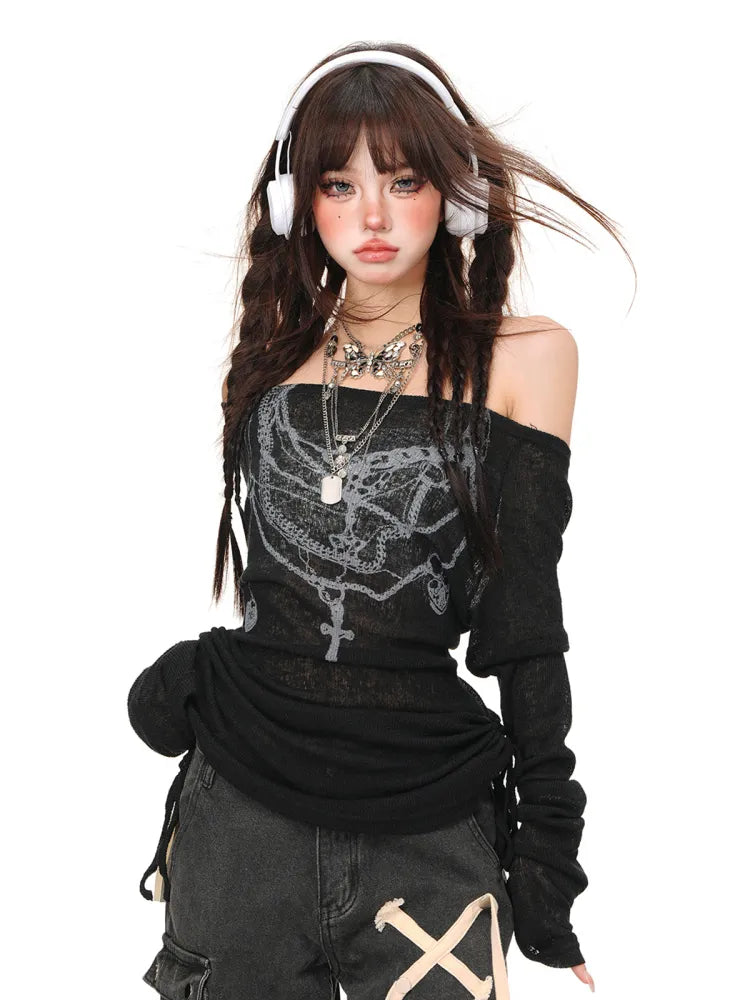 Top Graffiti Weiß/Schwarz Halbtransparenter Kordelzug in der Taille