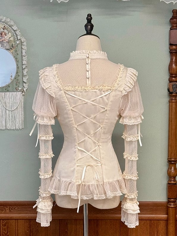 ネックラインフリルレッド/取り外し可能なブラックショートパンツ、シャツスリーブ付きベージュ