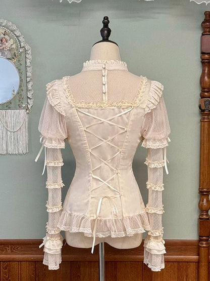 ネックラインフリルレッド/取り外し可能なブラックショートパンツ、シャツスリーブ付きベージュ