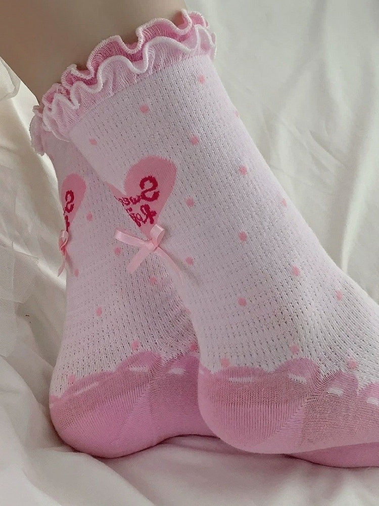 Polka Dot Heart Ankle Socks with Ruffle Lace Trim, 8 Colors - ROJI ROJI