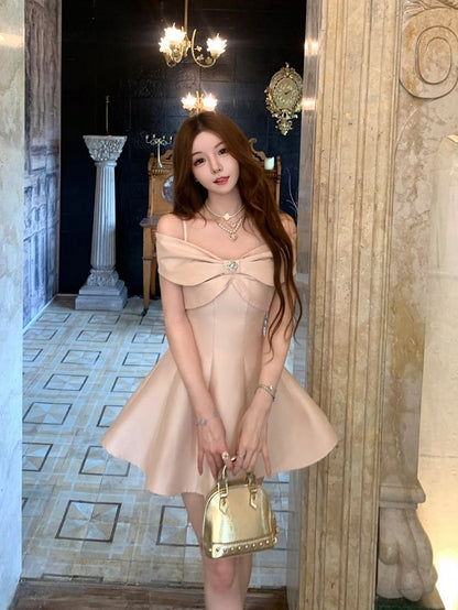 Off-Shoulder Straps Dress Elegant Thigh-length Detail Detachable with Bow