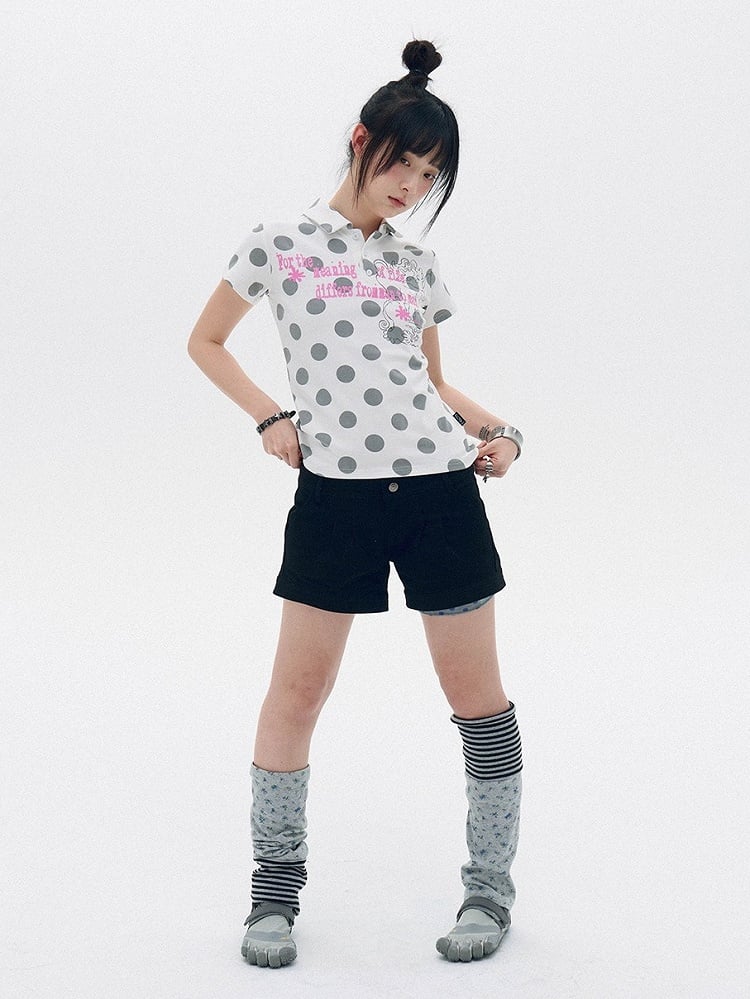 White Gray Polka Dot Polo Shirt with Letter Print - innomoood