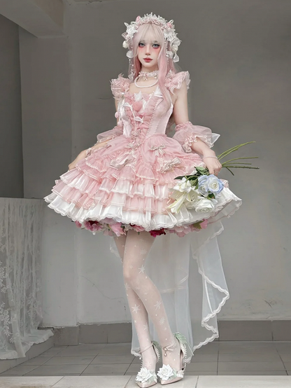 テーマピンクチューリップロリータドレスバレエコア姫レイヤードスカート