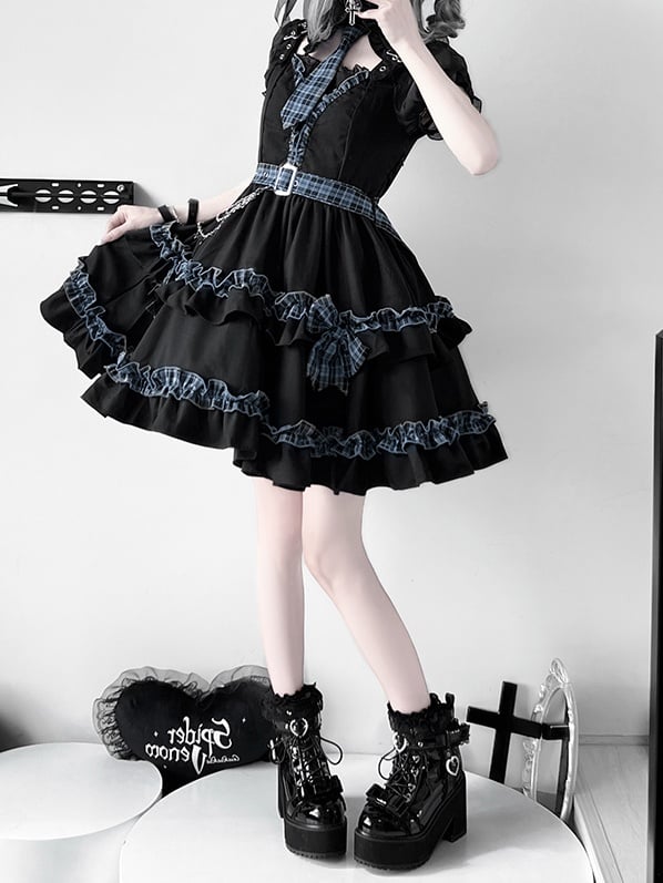 Vollschulter-Set und blau karierter Rock Idol Lolita-Kleid mit gestuftem Ausschnitt in Schwarz