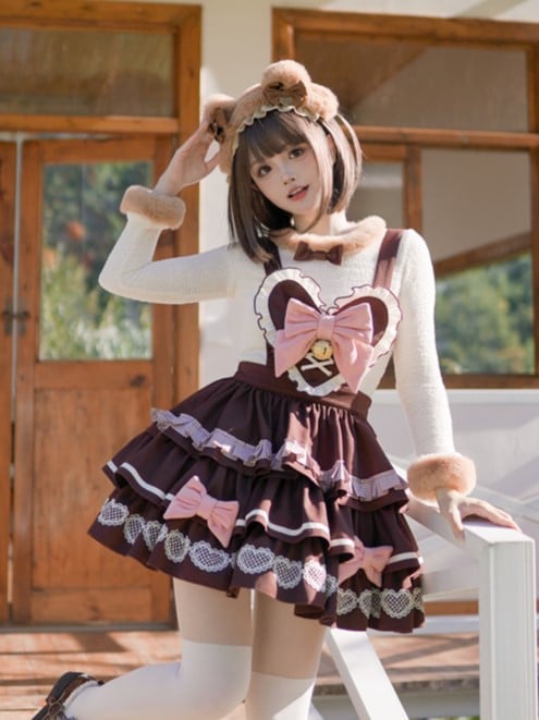 Patch Bear Overall Brown Sweet Skirt Tiered Detachable with