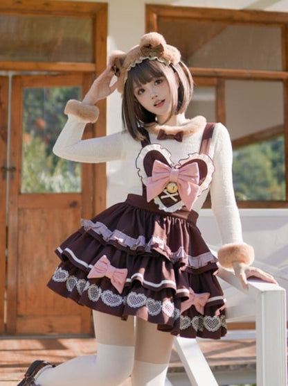 Patch Bear Overall Brown Sweet Skirt Tiered Detachable with