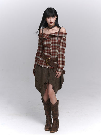 Plaid Off-Shoulder Design Blouse Gothic with PU Adjustable Red