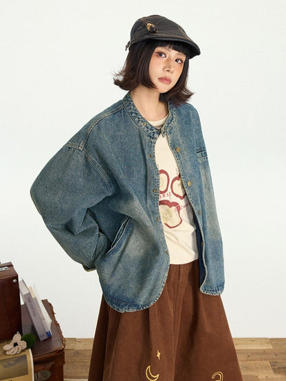 Design Vintage Jacket Distressed Snap Blue Denim Placket