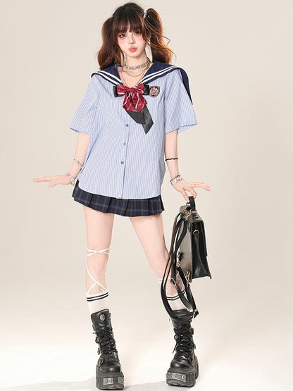 Kawaii Striped With Daily Pattern Bow Blue Sailor Tie Collar Shirt