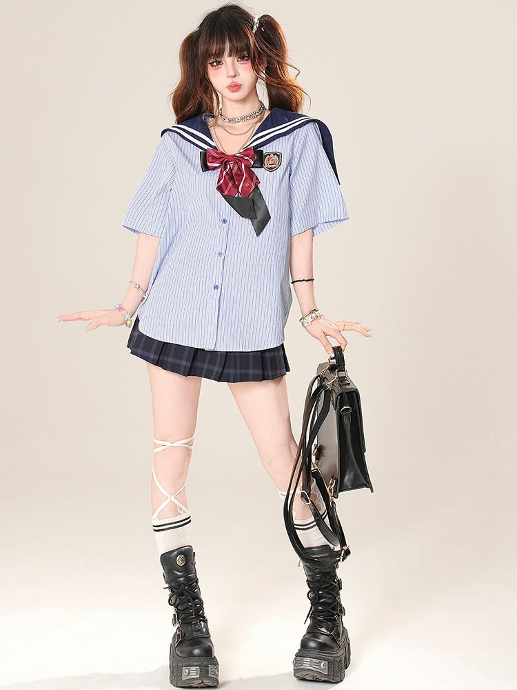 Collar Blue Pattern Bow Daily Sailor With Striped Kawaii Shirt