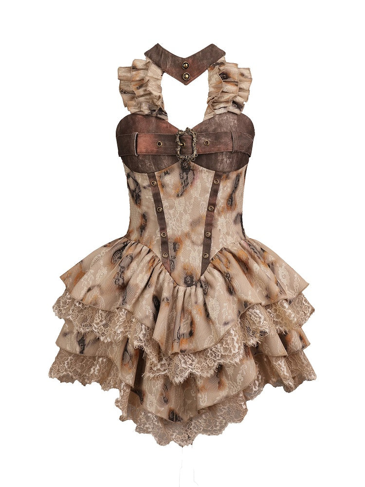 Burn-Effect Halter Dress with Tiered Ruffles and Distressed Lace - Virtual Orbit