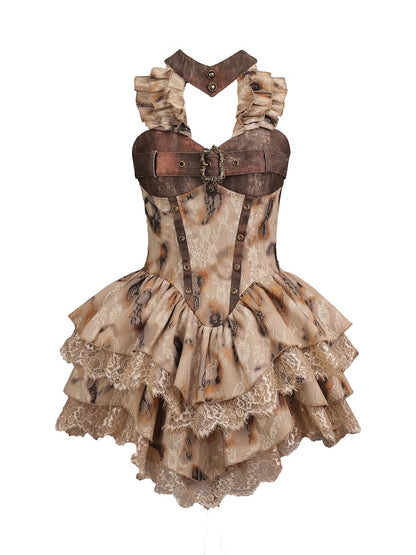 Burn-Effect Halter Dress with Tiered Ruffles and Distressed Lace - Virtual Orbit