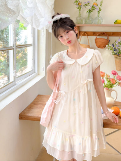 Muster Bunte Polka-dot Weiß Peter Pan Kragen Puffärmel Chiffon Kleid