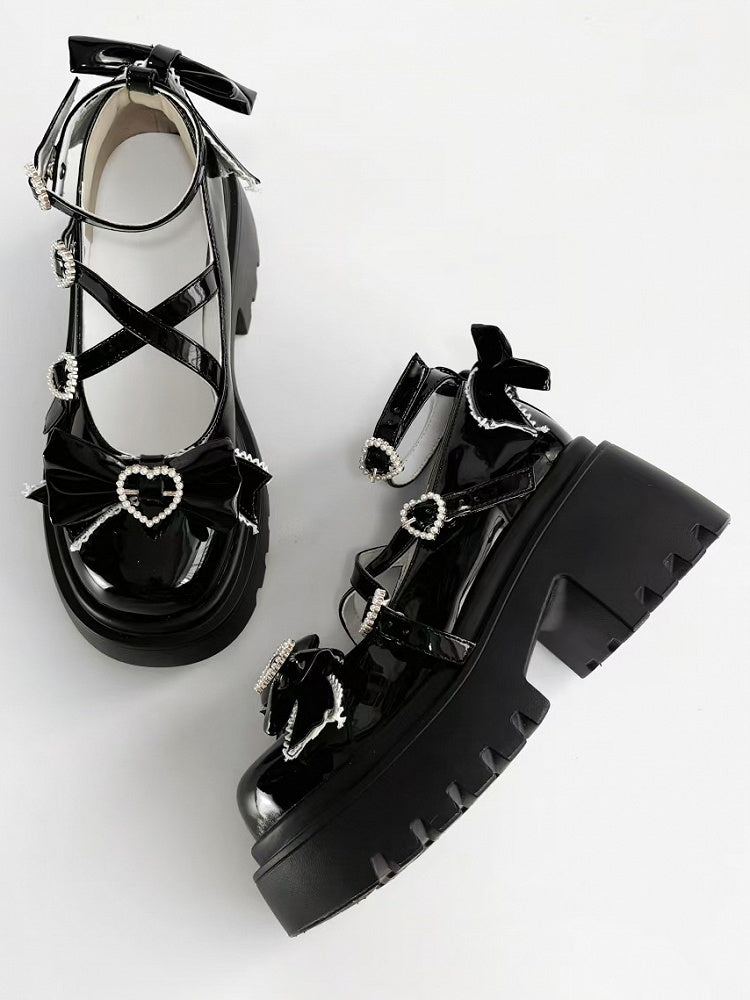Snap Mary Lolita Platform Black Beaded Heel Janes High - Sweet Block Heart
