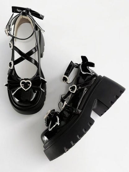 Snap Mary Lolita Platform Black Beaded Heel Janes High - Sweet Block Heart