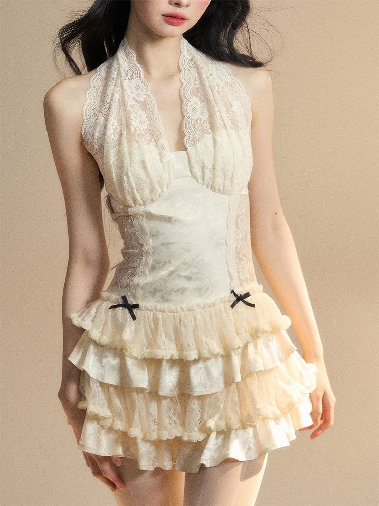 Dress Apricot Halter Neck Contrast Lace Patches Tiered Ruffles