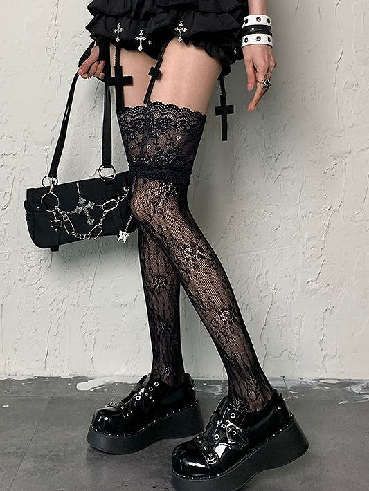 Trim Overknee Strümpfe Mode Schwarz Muster Gyaru Y2K Spitze Floral