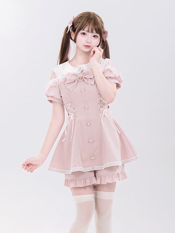 Lace Outfit-Lace-up Kei Ruffles Trim Sleeves Short Jirai Pink Shorts + Details Top