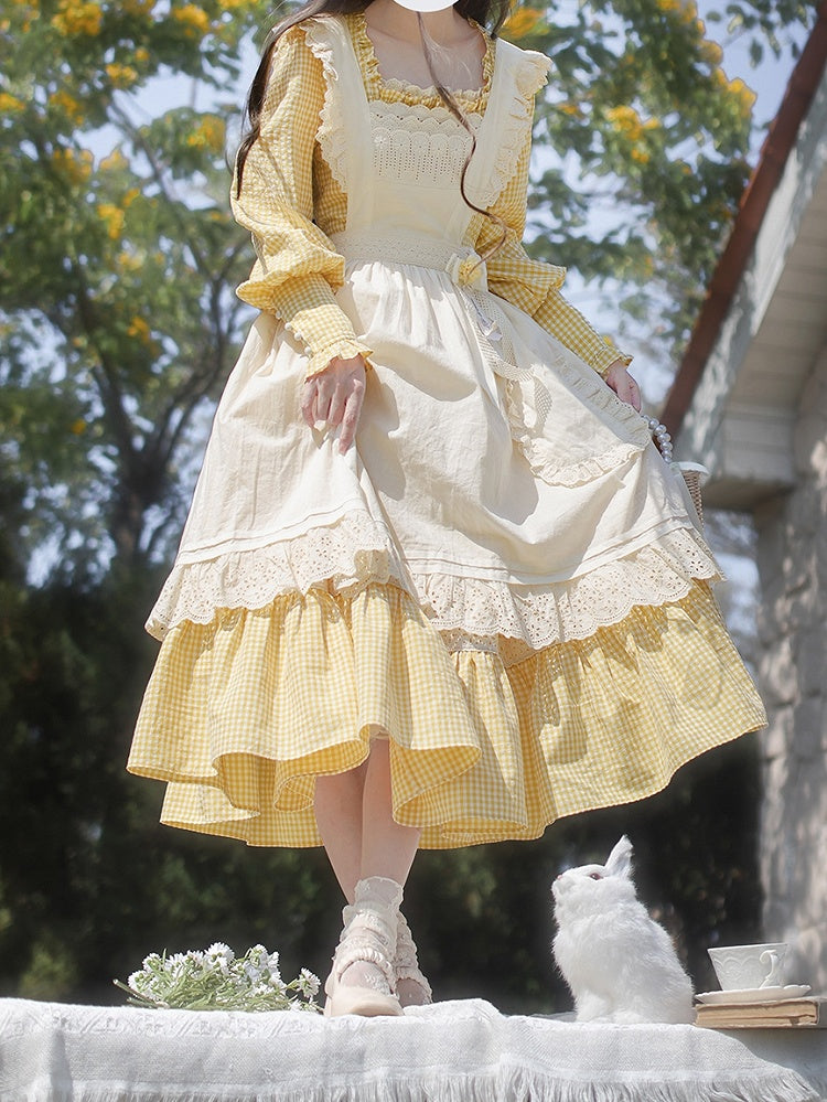 Gelbes Stück Süßes Lolita Taillenkleid Bischof Plaid Ärmel Hohe