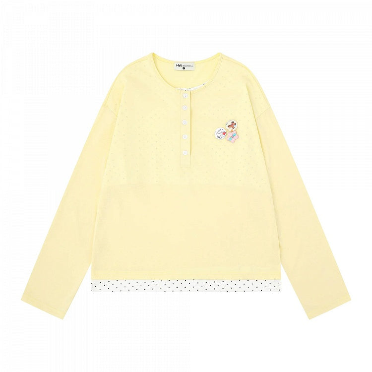 Yellow Polka Dot Fake Two-Piece Long Sleeve Top with Badge Accents - Languid Park