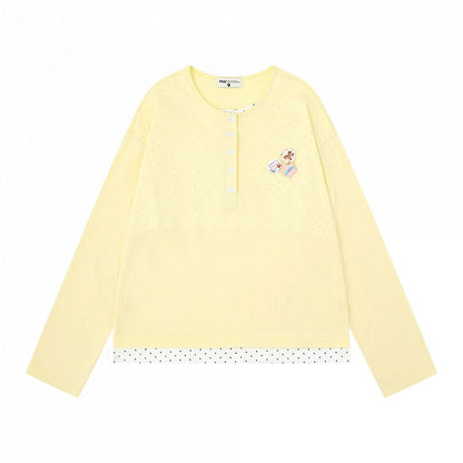 Yellow Polka Dot Fake Two-Piece Long Sleeve Top with Badge Accents - Languid Park