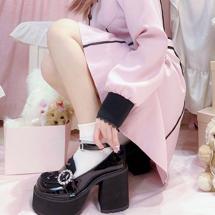 Landmine Style Jirai Polished Platform Shoes Heels Black Chunky Kei