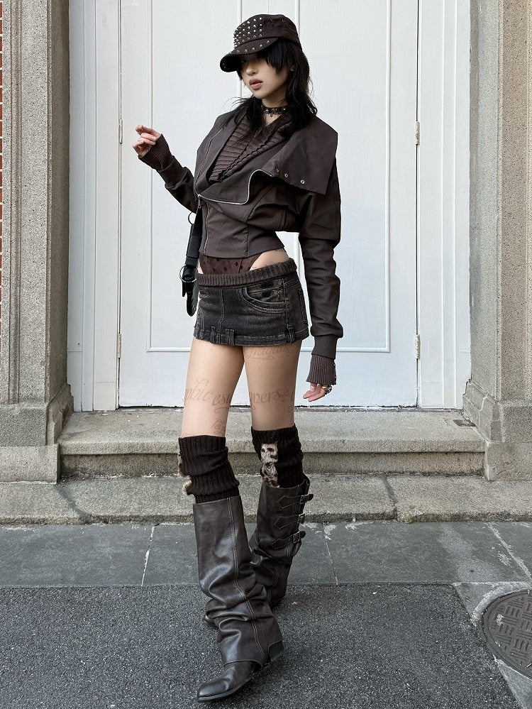 Built-in Elastic with Waist Detail Shorts Denim Zipper Low Brown Skirt Dark