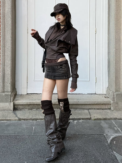 Built-in Elastic with Waist Detail Shorts Denim Zipper Low Brown Skirt Dark