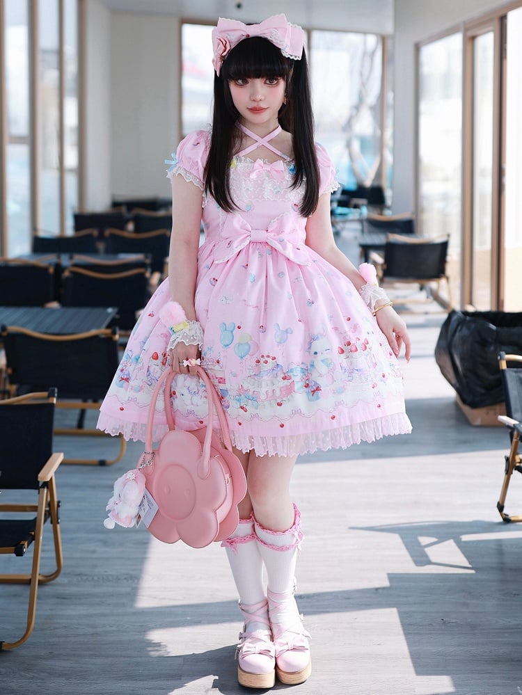 Ärmel Puff rosa Print Kleid Sweet Lolita Bunny und Cake Short