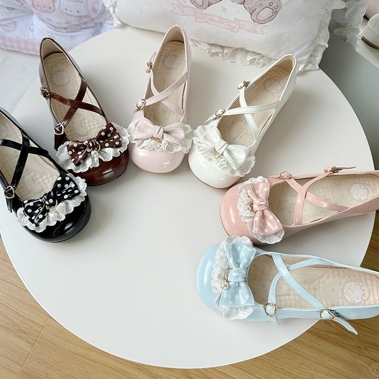 Blue Straps Sweet Trim with Heels Low 2.5cm Lace PU Crisscross Lolita