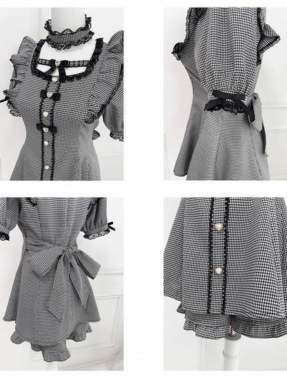 Weißes Choker-Set, schwarzes Jirai – Minikleid mit Flatterärmeln und Schleife am Rücken zum Selbstbinden + Shorts + und Kei-Plaid