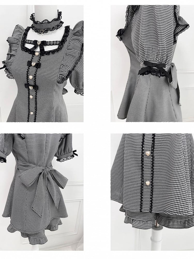 Set – Minikleid mit Flatterärmeln, Schleife hinten zum Selbstbinden + Shorts, Hahnentrittmuster, Jirai Kei + Halsband