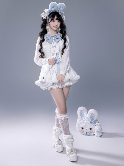 White Landmine Dress Blue Matching Shorts Plush Set Bunny Bow Ear Brooch Style Full Cape Lace +