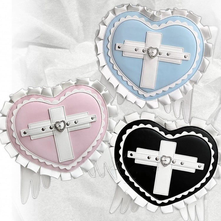 Heart / Light Jirai Wings Cross Pink with in Leather Black Blue Backpack Kei PU