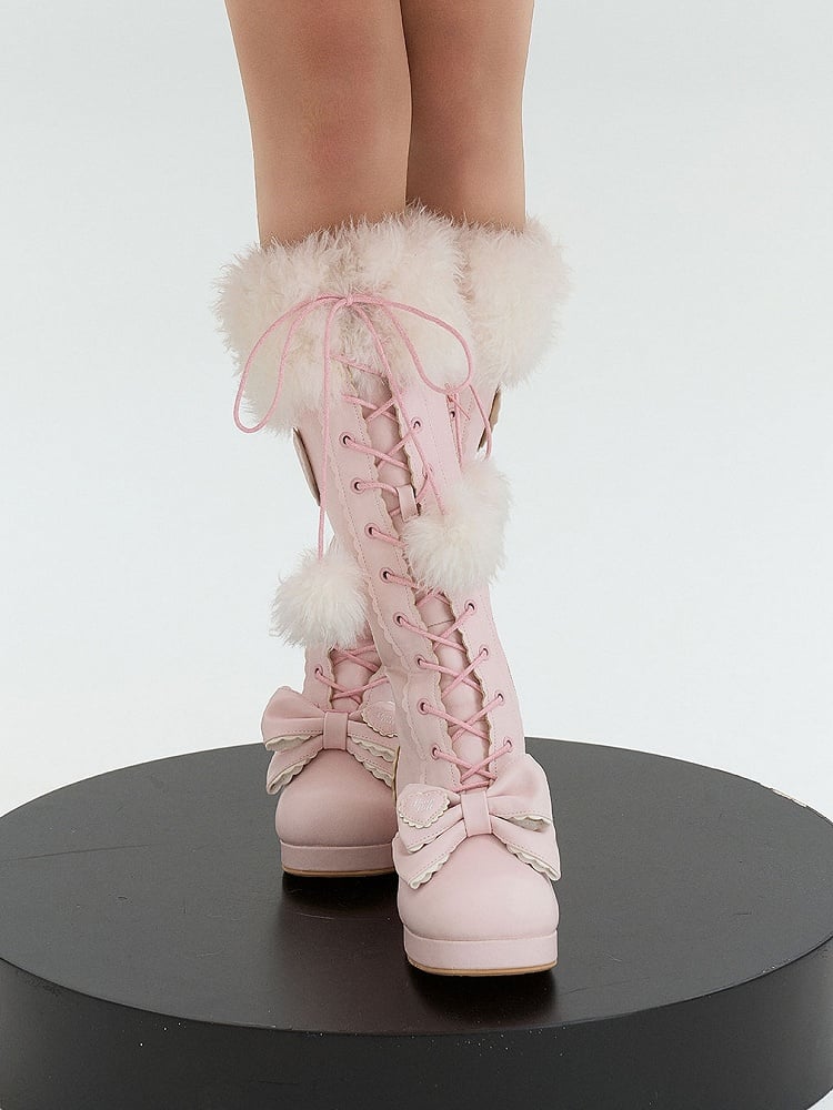 Plush PU Cuff Sweet Boots Bow Pink - with Lolita Accents Knee-High