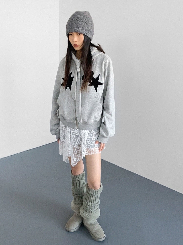 Star Heart Grey Jacket Hooded Patches with
