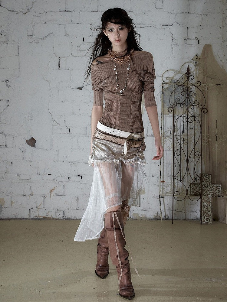 Pink-Brown Star V-Neck Knit Top with Hollow Out - NO ROMANCE