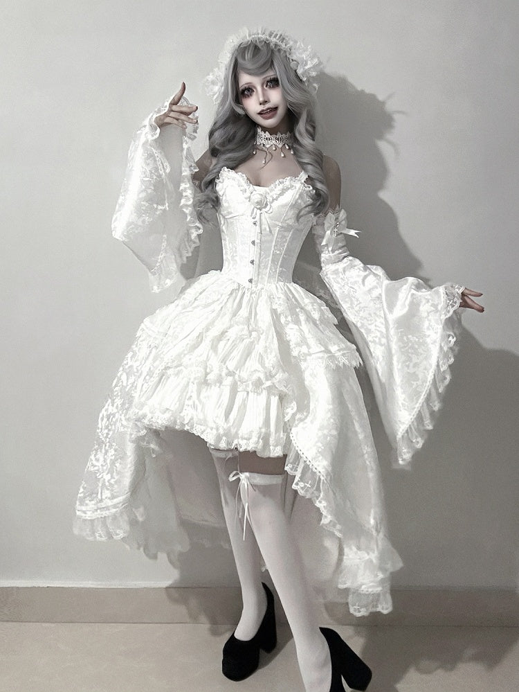 Shiro Gothic Lolita Full Set with Boned Corset Top, Skirt, Collar, Bell Sleeves and Accessories in All White - Somnium Isle