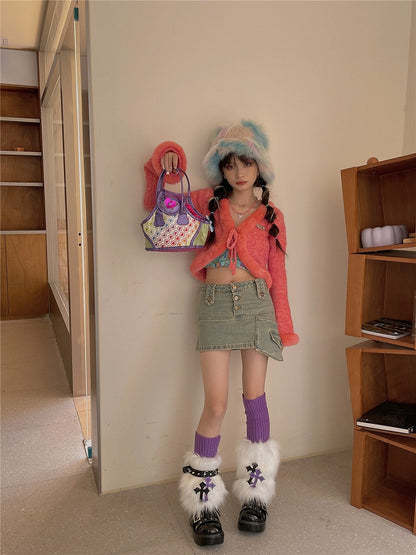 White Cross Decoration Faux Fur Leg Warmers + Purple Knitted Leg Warmers + Black Garter