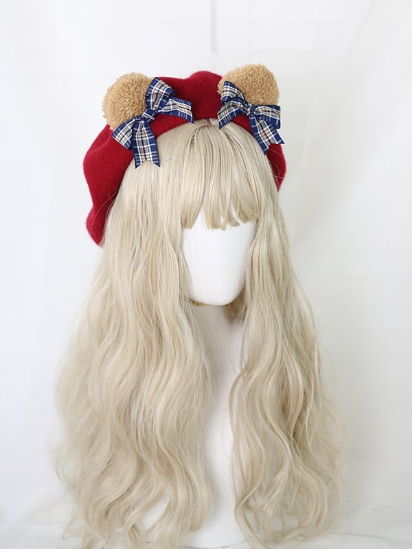 Beret Sweet Red Detachable Plaid Lolita Bear Ear Blue Bowknot / With Dark