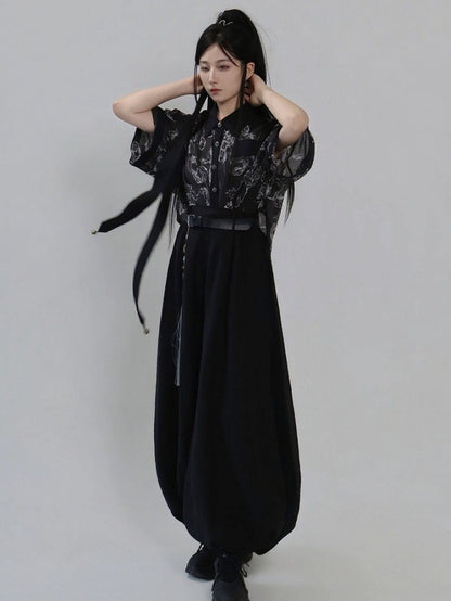 Black Ink Wash Floral Short Sleeve Tencel Shirt and Camisole Set - Feng Hua Gui Guo Ling