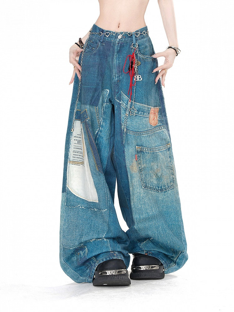 Wash Faded Pockets Wide-Leg Cut Jeans Denim Blau
