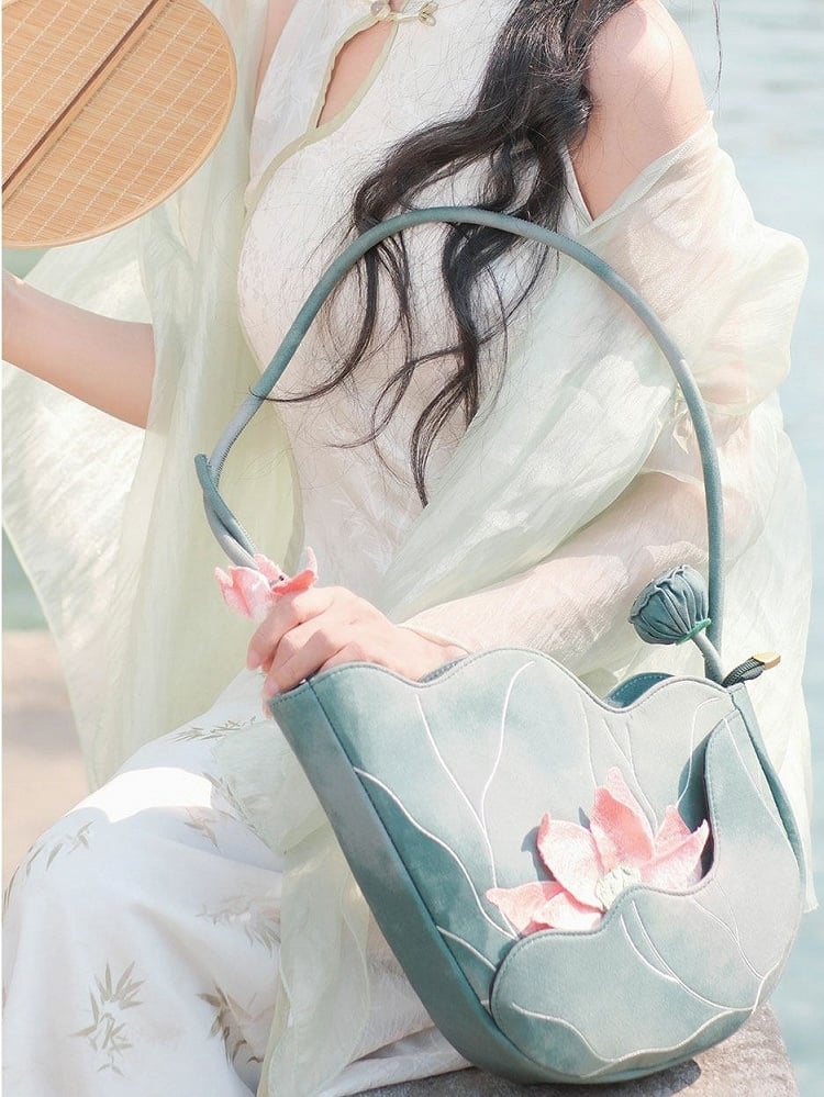Embroidered Lotus Bag Pink Green - Miss Cat