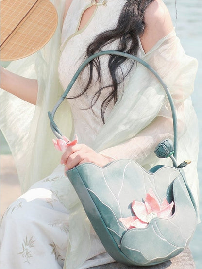 Embroidered Lotus Bag Pink Green - Miss Cat